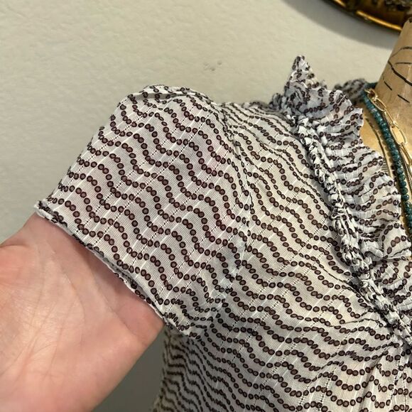 Gap White Brown Circle Polka Dot  Ruffle Stripe Blouse sz S - Picture 6 of 11